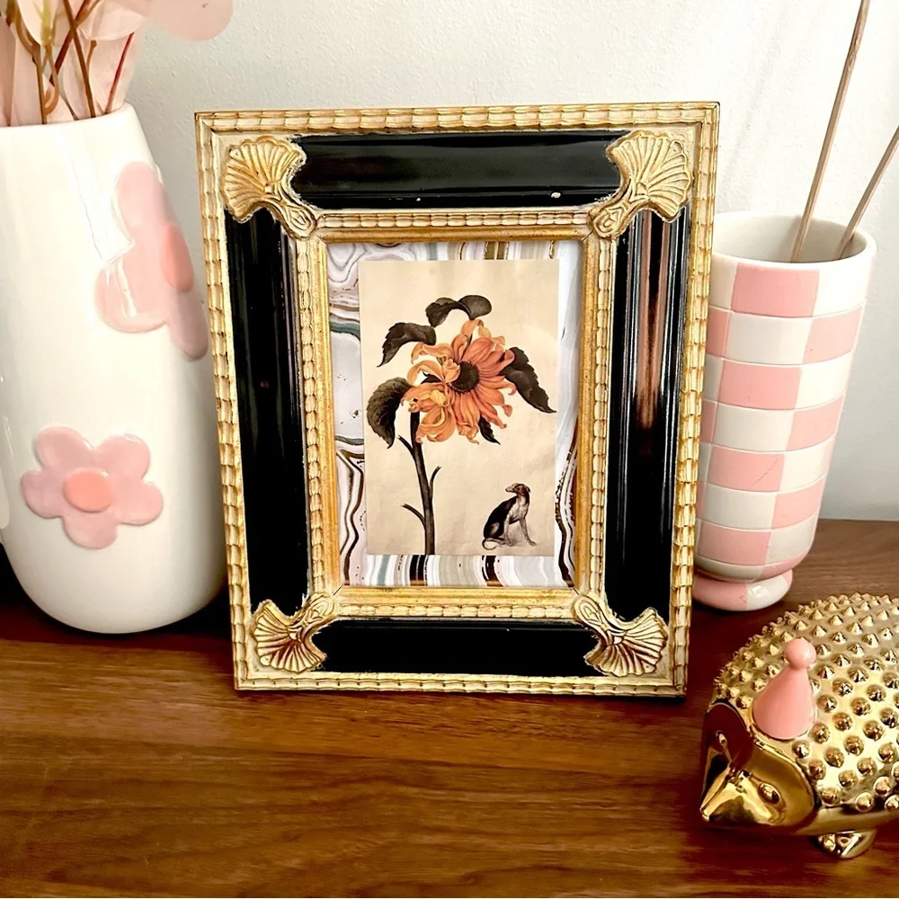 Surreal Sunflower & Dog Art Postcard Print Framed Art Nouveau Frame Black Gold